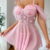 Sexy Mesh Transparent Strap Flower One-Shoulder Erotic Set