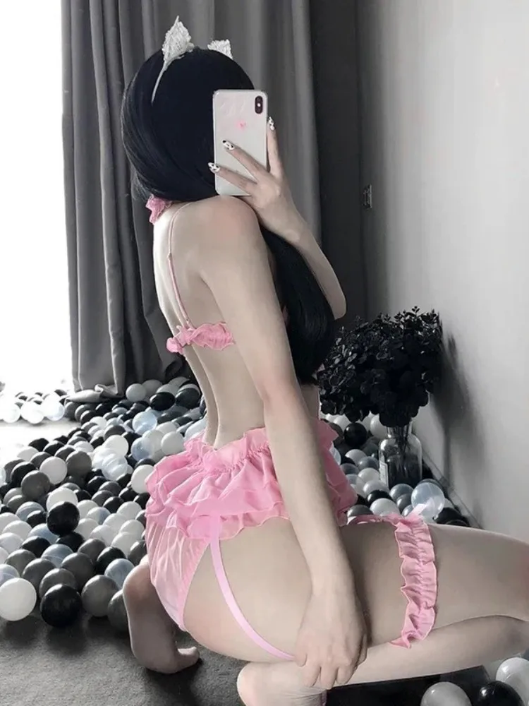 Women Sexy Erotic Lingerie Set Lolita Costumes Kawaii Ruffles Pink Lace - Image 2