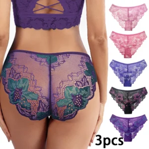 3pcs Women Panties Sexy Lace Underpant Plus Size Pretty Underwear Female