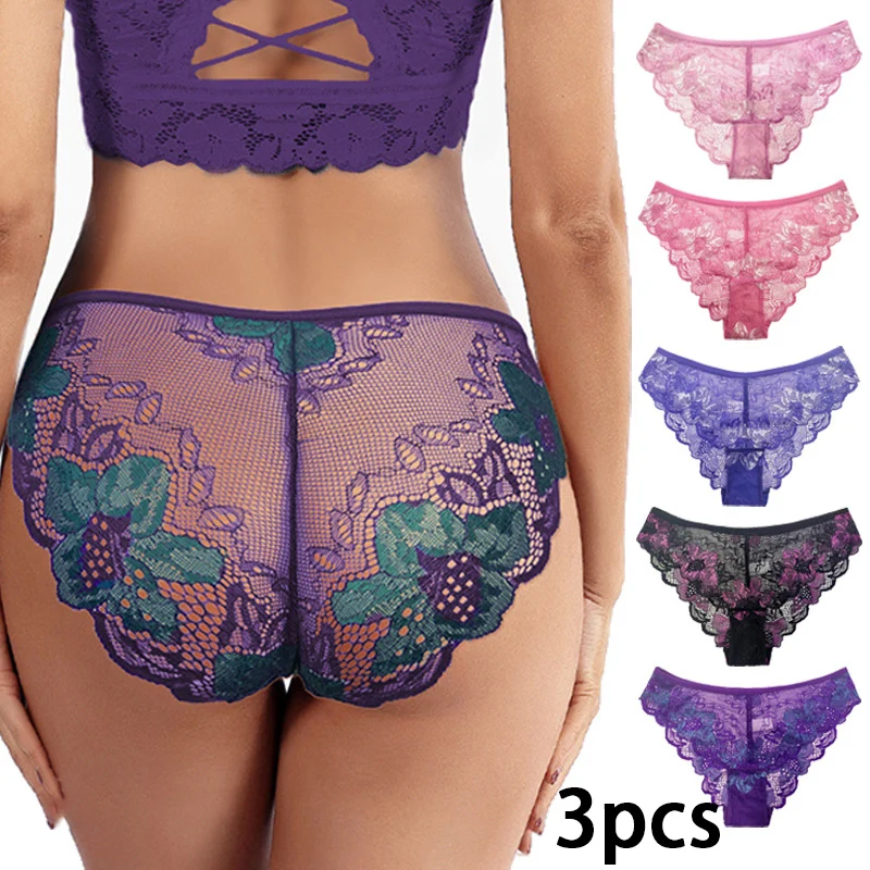 3pcs Women Panties Sexy Lace Underpant Plus Size Pretty Underwear Female