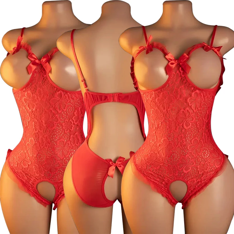 Red Porno Underwear Women Lace Transparent Bra Set Sexy Costumes Deep V